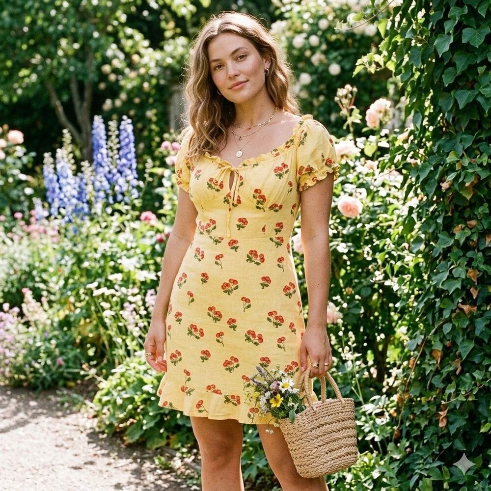 Urban Outfitters Yellow Cherry Print Milkmaid Mini Dress